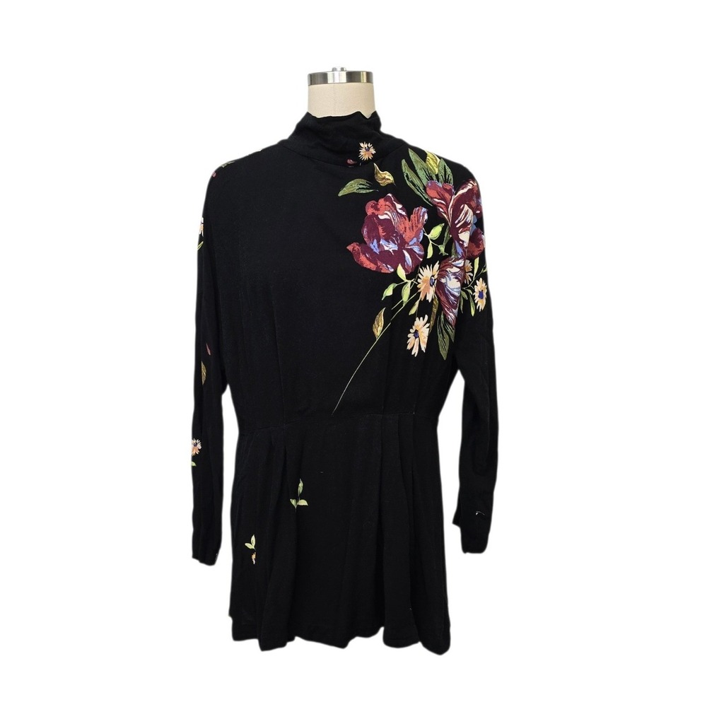 Free People Black Floral Mock Neck Open Back Tie Tunic Top Womens Size Medium
